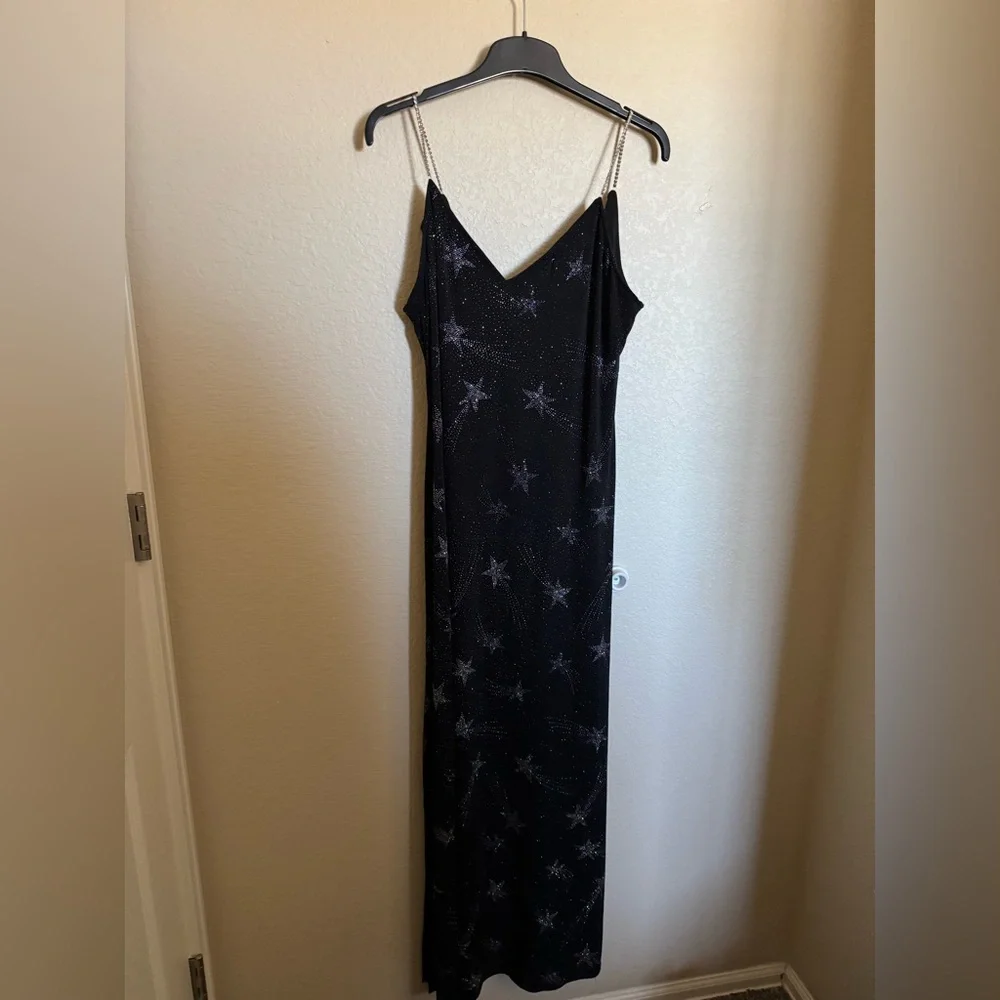 Vintage 90s Y2K JUMP Star Sequins Embellished Maxi Dress Gown Sz L Black Sparkly